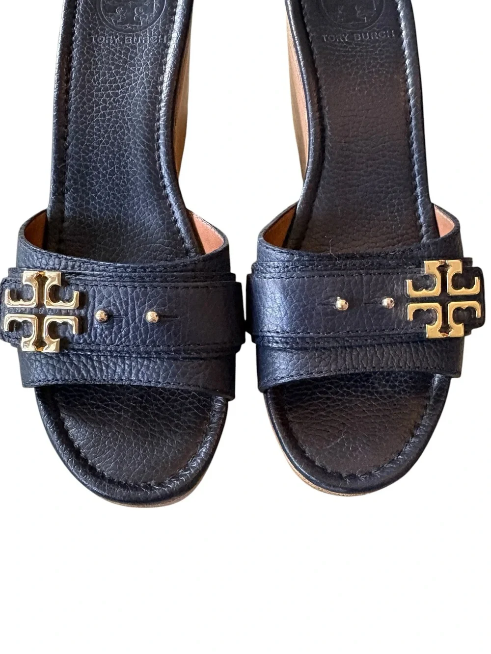 Tory Burch Elina Black Leather Gold Logo Plstform Wedge Sandals - 8.5